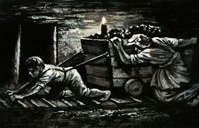 औद्योगिक क्रांति का स्याह पक्ष: बाल श्रम (कागज पर गौचे) द्वारा अंग्रेजी स्कूल