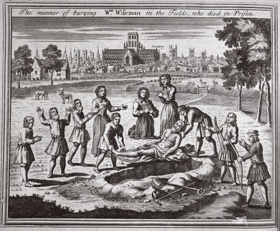 खेतों में Wm Wiseman को दफनाने का तरीका, जिनकी जेल में मौत हो गई, Foxes Martyrs का चित्रण c.1703 द्वारा अंग्रेजी स्कूल