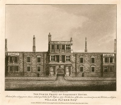 सोमरसेट हाउस, द स्ट्रैंड, लंदन के उत्तर सामने, 1777 में डब्ल्यू मॉस द्वारा तैयार किए गए एक प्रिंट पर आधारित था द्वारा अंग्रेजी स्कूल