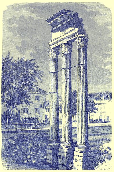 कास्टर के मंदिर में तीन स्तंभ, विक्टर डुरु द्वारा रोम के इतिहास का चित्रण, 1884 में प्रकाशित (डिजिटल रूप से बढ़ी हुई छवि) द्वारा अंग्रेजी स्कूल