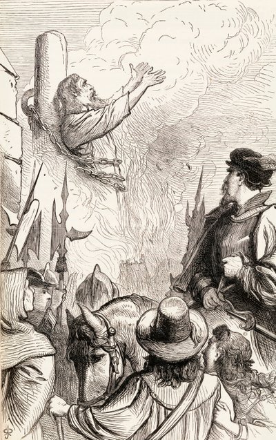 मारियन पर्सिसिटीज के दौरान दांव पर जले थॉमस हॉक्स, c.1865 (लकड़ी की नक्काशी) द्वारा अंग्रेजी स्कूल
