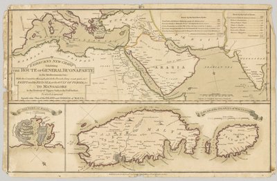 तीन मुद्रित रंगीन मानचित्र: 1798 में भूमध्य सागर में जनरल बोनापार्ट के मार्ग का प्रदर्शन करते फेयरबर्न द्वारा अंग्रेजी स्कूल