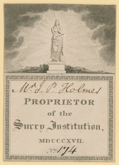 सरे इंस्टीट्यूशन के प्रोपराइटर के लिए टिकट, 1817 दिनांकित द्वारा अंग्रेजी स्कूल
