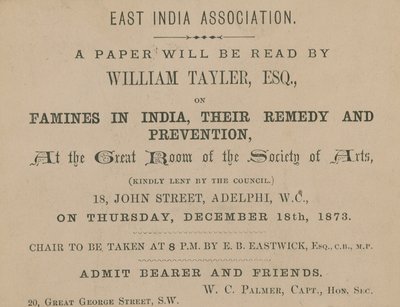 ईस्ट इंडिया एसोसिएशन के विलियम टायलर के व्याख्यान के लिए टिकट द्वारा अंग्रेजी स्कूल