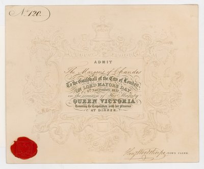लॉर्ड मेयर्स डे, 9 नवंबर, 1837 को क्वीन विक्टोरिया के सम्मान में रात के खाने के लिए लंदन के सिटी गिल्डहॉल में टिकट का अधिग्रहण करने के लिए टिकट द्वारा अंग्रेजी स्कूल