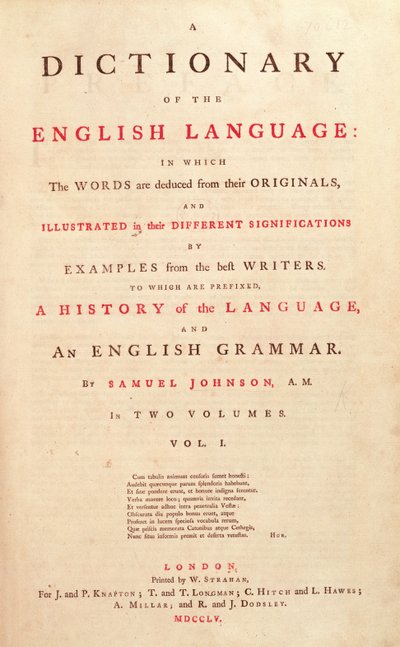 मानव भाषा लंदन के जॉन्सन डिक्शनरी का शीर्षक पृष्ठ, 1755 द्वारा अंग्रेजी स्कूल