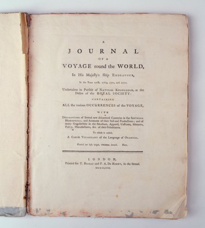 वर्ष 1768, 1779, 1770 और 1771 में लंदन में अपने मेजेस्टीज़ शिप एंडेवर में दुनिया भर में एक पत्रिका के शीर्षक का पन्नाभिषेक, 1771 में प्रिंट द्वारा अंग्रेजी स्कूल