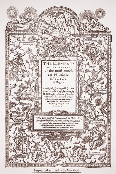 यूक्लिड्स तत्वों के प्रारंभिक अनुवाद का शीर्षक, जॉन डे, लंदन, 1570-71 द्वारा मुद्रित द्वारा अंग्रेजी स्कूल