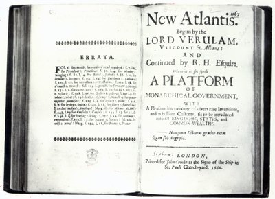 फ्रांसिस बेकन न्यू अटलांटिस के शीर्षक, 1660 में प्रकाशित संस्करण (प्रिंट) द्वारा अंग्रेजी स्कूल
