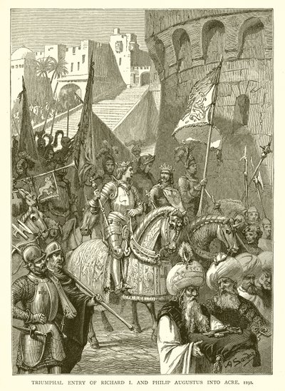 रिचर्ड I और फिलिप ऑगस्टस की ट्रम्पल एंट्री एकर, 1191 में द्वारा अंग्रेजी स्कूल