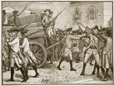 सिटी हॉल, न्यूयॉर्क, 1766 में स्टैम्प्ड पेपर को एस्कॉर्ट करते हुए सैनिक, इंग्लैंड के कैसल्स इलस्ट्रेटेड हिस्ट्री से चित्रण (सीपिया फोटो) द्वारा अंग्रेजी स्कूल