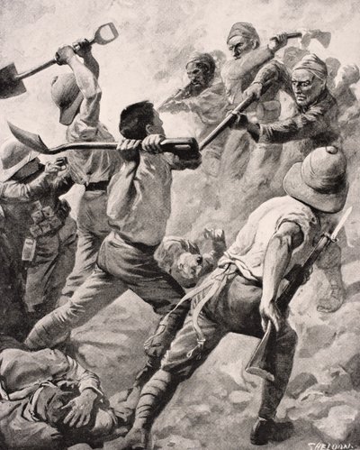 लंदन, 1916 में प्रकाशित &39;द वॉर इलस्ट्रेटेड एल्बम डे-डीलक्स&39; से गैलीपोली प्रायद्वीप तुर्की 1915 पर हाथ में हाथ डाले तुर्की और ब्रिटिश सैनिक द्वारा अंग्रेजी स्कूल