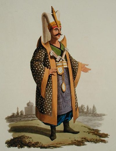 तुर्की योद्धा, 'विभिन्न राष्ट्रों की वेशभूषा', खंड VII, 'तुर्की की सैन्य पोशाक', थॉमस मैकलीन द्वारा प्रकाशित, c.1800-18 (हाथ के रंग का एक्वाटिंट) द्वारा अंग्रेजी स्कूल