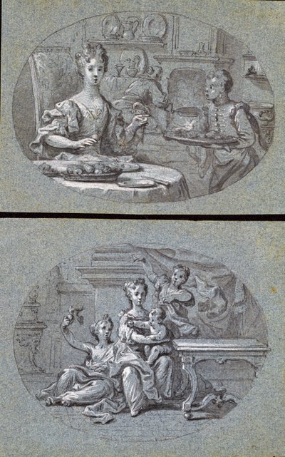 दो घरेलू दृश्य, c.1725 (नीले कागज पर काले और सफेद चाक) द्वारा अंग्रेजी स्कूल