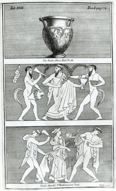 एट्रस्केन फूलदान से दो दृश्य (उत्कीर्णन) (बी/डब्ल्यू फोटो) द्वारा अंग्रेजी स्कूल
