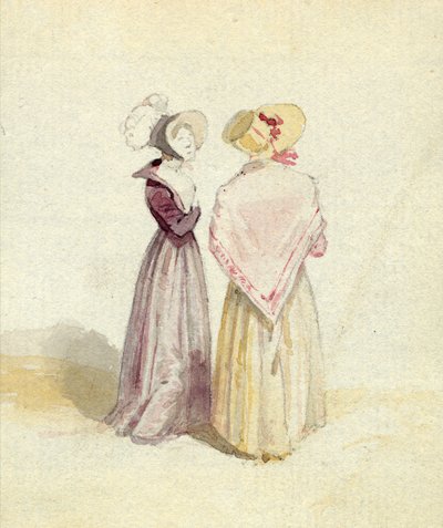 बोनट में दो महिलाएं, c.1825 (कागज पर wc) द्वारा अंग्रेजी स्कूल