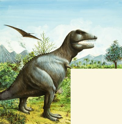 T Rex और Pterodactyl के साथ अज्ञात डायनासोर दृश्य द्वारा अंग्रेजी स्कूल