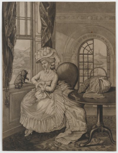 शीर्षकहीन (एक छोटे कुत्ते के बारे में एक खिड़की पर बैठी महिला), c.1780 (mezzotint) द्वारा अंग्रेजी स्कूल