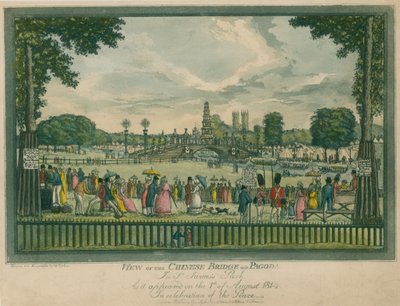 लंदन के सेंट जेम्ज़ पार्क में चीनी पुल और शिवालय का दृश्य, जैसा कि 1 अगस्त 1814 को दिखाई दिया था द्वारा अंग्रेजी स्कूल