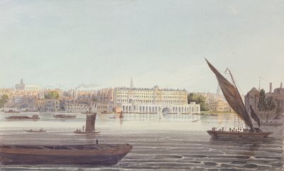 1796 में बैंकसाइड से न्यू समरसेट हाउस के रिवर फ्रंट का दृश्य द्वारा अंग्रेजी स्कूल