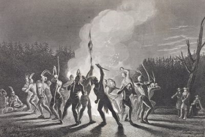 वाशिंगटन और फेयरफैक्स एक भारतीय युद्ध नृत्य, 1748 में, &39;गैलरी ऑफ हिस्टोरिकल पोर्ट्रेट्स&39; से, c.1880 प्रकाशित द्वारा अंग्रेजी स्कूल
