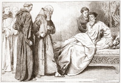 विक्लिफ और भिक्षुओं: बेड-चेंबर में दृश्य, जेम्स एइटकेन वायली (1808-1890), पब द्वारा प्रोटेस्टेंटवाद के इतिहास से चित्रण। 1878 द्वारा अंग्रेजी स्कूल