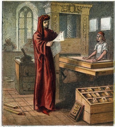 विलियम कैक्सटन (1422-1491), पहला अंग्रेजी प्रिंटर, एक प्रिंटिंग प्रेस के साथ अपनी कार्यशाला में। विलियम कैक्सटन, पहला अंग्रेजी प्रिंटर। द्वारा अंग्रेजी स्कूल