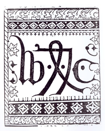विलियम कैक्सटन (c.1422 - c.91) प्रिंट मार्क, मध्य युग में विज्ञान और साहित्य से दृष्टांत और पॉल लैक्रोस, 1878 द्वारा लिखित और उत्कीर्ण द्वारा अंग्रेजी स्कूल