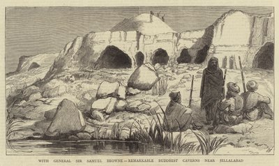 जनरल सर सैमुअल ब्राउन के साथ, जलालाबाद के पास उल्लेखनीय बौद्ध गुफाएं (उत्कीर्णन) द्वारा अंग्रेजी स्कूल