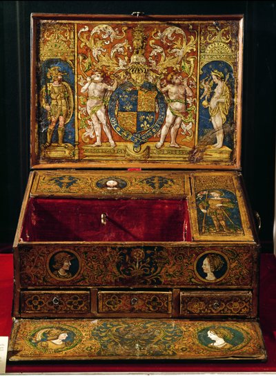 लेखन बॉक्स या टेबल डेस्क, शायद लुकास हॉर्नबोल्टे (c.1492-1544) c.1525-27 द्वारा चित्रित (अखरोट और ओक चित्रित और सोने के चमड़े के साथ) द्वारा अंग्रेजी स्कूल