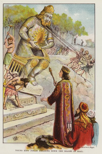 युवा राजा योशिय्याह बाल की छवियों को तोड़ रहा है (रंग लिथो) द्वारा अंग्रेजी स्कूल