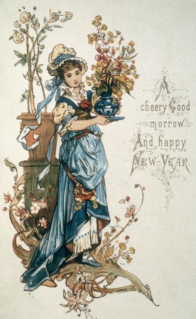 नीले रंग की युवा लड़की आपको क्रिसमस और नए साल की शुभकामनाएं देती है, c.1900 द्वारा अंग्रेजी स्कूल