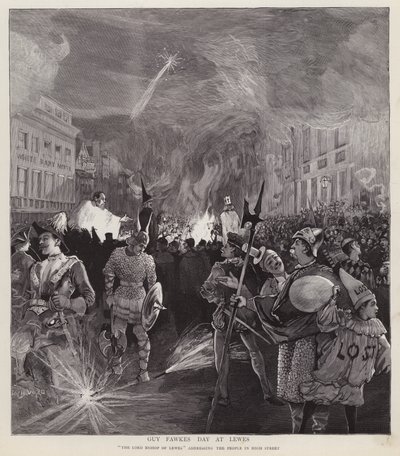 लुईस, ससेक्स में गाय फॉक्स डे जुलूस, 5 नवंबर 1892 (लिथो) द्वारा एनोच वार्ड