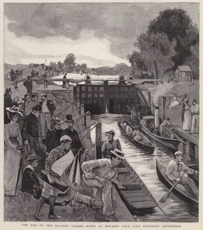 बोटिंग सीज़न का अंत: टेम्स नदी पर मोल्सी लॉक का दृश्य, सरे (लिथो) द्वारा एनोच वार्ड