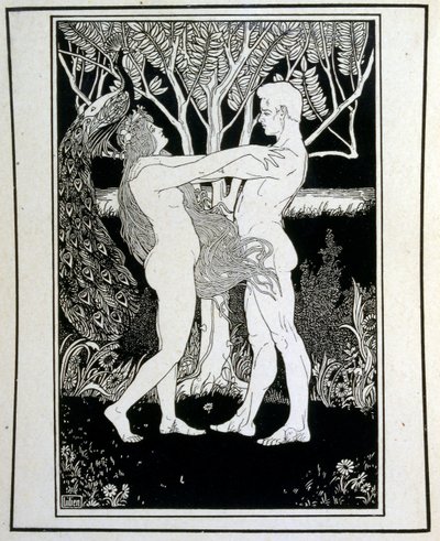 आदम और हव्वा (निर्दोषता), एप्रैम मूसा लिलियन (1874-1925) द्वारा सचित्र यहूदा पुस्तक से। लिलियन को जुगेन्स्टिल (जर्मन आर्ट नोव्यू) शैली में बनाई गई, ज़ियोनिस्ट आइकनोग्राफी का जनक माना जाता है। उन्होंने बाइबिल की एक पुस्तक 'जूडा' (1900) का चित्रण किय द्वारा एप्रैम मूसा लिली