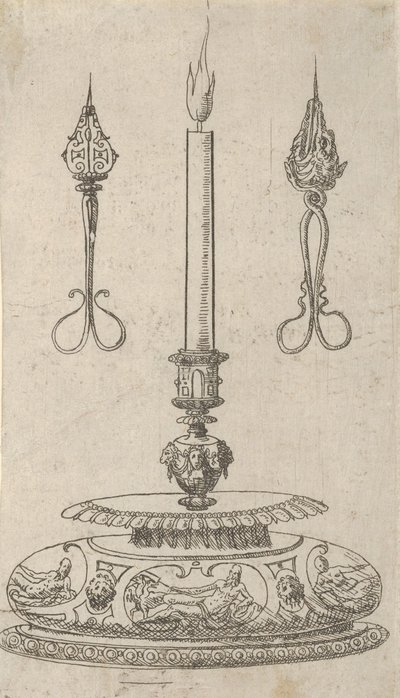 कैंडल विक ट्रिमर्स के साथ कैंडलस्टिक के लिए डिज़ाइन, 1560-70। द्वारा इरास्मस हॉर्निक