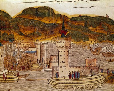 बर्नार्ड डी ब्रेयडेनबैक (ब्रेडेनबैक) (1454-1497) की पवित्र भूमि में तीर्थयात्रा के बाद यात्रा की पुस्तक "" पेरेग्रिनैटियो इन टेराम सैंक्टम "" से क्रेते पेज में कैंडी (वर्तमान हेराक्लिओन) के बंदरगाह का दृश्य। एरहार्ड रे द्वारा उत्कीर्णन द्वारा एरहार्ड रेउविच