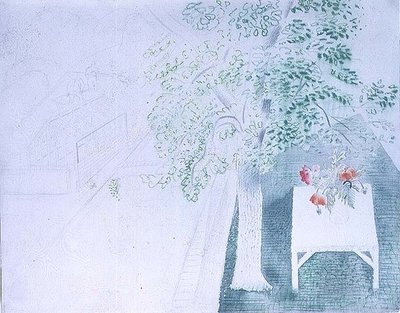 एक पेड़ के नीचे खसखस का फूलदान (पानी के रंग का) द्वारा एरिक Ravilious