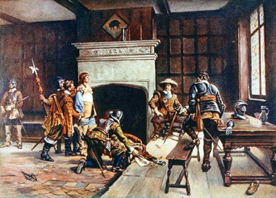 होलबोर्न में ब्लू बोअर में ओलिवर क्रॉमवेल (1599-1658), रिचर्ड विल्सन द्वारा संपादित 'लाइव्स ऑफ ग्रेट मेन टॉल्ड बाय ग्रेट मेन' का चित्रण, c.1920s (कलर लिथो) द्वारा अर्नेस्ट (बाद) क्रॉफ्ट्स
