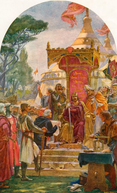 किंग जॉन 15 जून, 1215 को विंडसर, इंग्लैंड के पास टेम्स नदी के किनारे, रननिमेड में मैग्ना कार्टा का अनुदान देते हुए। कासेल के इंग्लैंड के इतिहास से, प्रकाशित c.1901 द्वारा अर्नेस्ट नॉर्मैंड