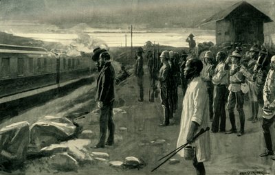 1902 में ब्लॉकहाउस गार्ड्स द्वारा सलामी दी गई श्री रोड्स के अवशेषों को ले जाने वाली ट्रेन। द्वारा अर्नेस्ट प्रेटर