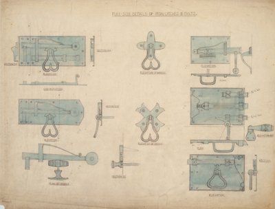 आयरन लैच और बोल्ट के लिए डिज़ाइन, c.1905-15 (कागज पर पेंसिल और wc) द्वारा अर्नेस्ट विलियम गिम्सन