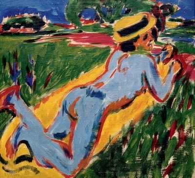 एक पुआल टोपी के साथ नीला नग्न झूठ बोलना। 1909 द्वारा Ernst Ludwig Kirchner