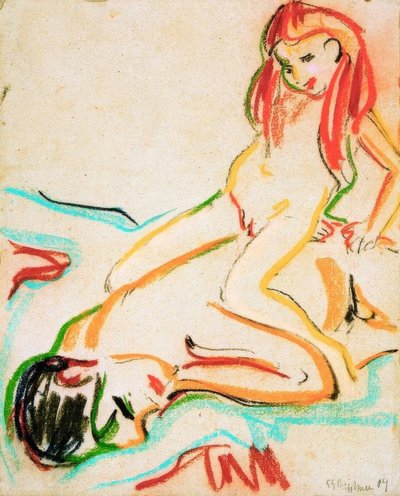 अपनी पीठ पर बच्चे के साथ नग्न आदमी झूठ बोलना द्वारा Ernst Ludwig Kirchner