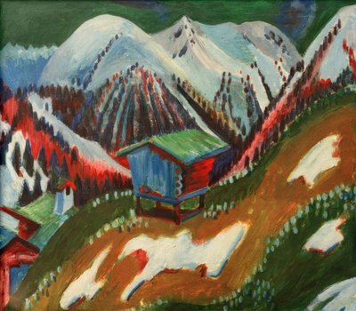 Snowmelt। अल्पाइन हट के साथ पहाड़ी परिदृश्य द्वारा अर्नस्ट लुडविग किरचनर