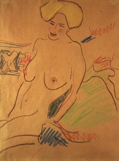 नग्न बैठे, c.1907 (कागज पर चाक) द्वारा अर्नस्ट लुडविग किरचनर