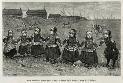 1878 में चार्ल्स डी कोस्टर द्वारा नीरलैंड की कहानी को चित्रित करने के लिए, मार्केन (नीदरलैंड्स) में बच्चों के नृत्य, ई। रोंजट द्वारा एक चित्र के बाद उत्कीर्णन, एडौर्ड चार्टन के निर्देशन में टूर डू मोंडे में प्रकाशित हुआ। द्वारा एटिने एंटोनी यूजीन रोनजत