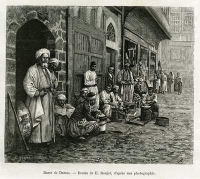 दमिश्क बाजार। E.Ronjat द्वारा उत्कीर्णन, कहानी को चित्रित करने के लिए La सीरिया d'aujourd'hui, एम. लोर्टेट द्वारा, ल्यों के चिकित्सा संकाय के डीन, सार्वजनिक शिक्षा मंत्रालय द्वारा एक मिशन के साथ, टूर डू मोंडे में प्रकाशित, दिशा o . के तहत द्वारा एटिने एंटोनी यूजीन रोनजत