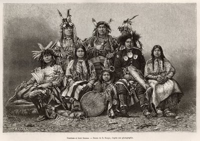 भारतीय योद्धा और उनकी पत्नियाँ (टेक्सास)। 1875 में विलियम हेपवर्थ डिक्सन द्वारा लिखित ला कॉन्क्वेट ब्लैंच की कहानी को चित्रित करने के लिए ई.रोन्जट के चित्र के बाद उत्कीर्णन, "ले टूर डू मोंडे"" 1876 में प्रकाशित, एडौर्ड चार्टन, हैचेट संस्करण, द्वारा एटिने एंटोनी यूजीन रोनजत