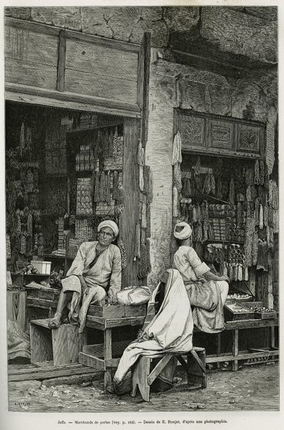 जाफ़ा (इज़राइल) में मोती के सौदागर। टूर डू मोंडे में प्रकाशित, ल्यों के मेडिसिन संकाय के डीन, एम. लोर्टेट द्वारा, ला सीरिया डी'ऑजर्ड'हुई को चित्रित करने के लिए ई। रोनजट द्वारा उत्कीर्णन, लोक शिक्षा मंत्रालय द्वारा एक वैज्ञानिक मिशन के तहत प्रकाशित  द्वारा एटिने एंटोनी यूजीन रोनजत